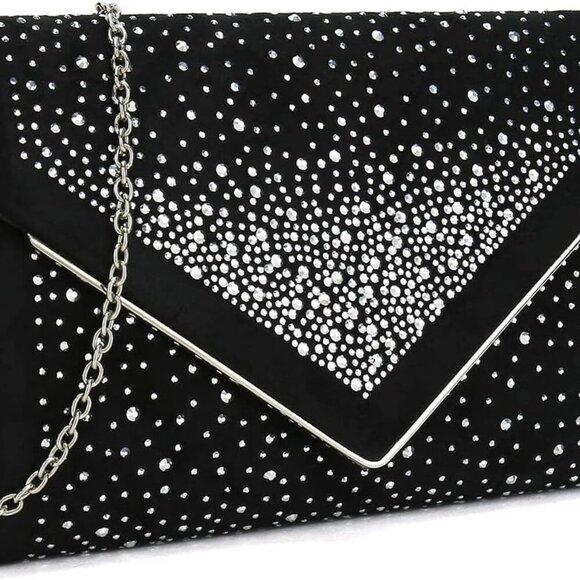 Faux Suede Envelope Clutch Bag Rhinestone Evening Shoulder Crossbody